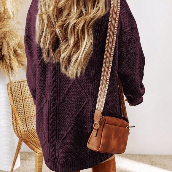 Burgundy Casual Women's Oversized Knitted Sweater Dress with Drop Shoulder - Picture 2 of 9